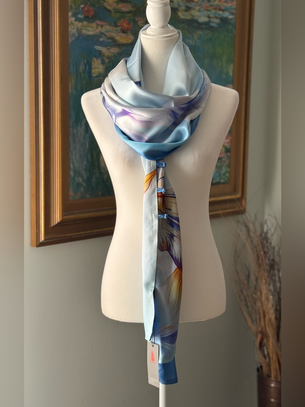 Chinese Silk Scarf with Orchid Print by Saint Joy - NWT, box, and gift bag - Picture 11 of 15